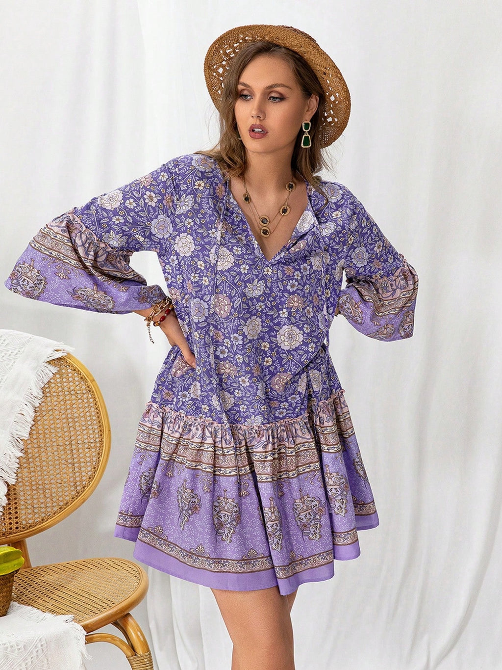 Plus Size Floral Mini Dress Lavender V-neck Ruffle 3/4 Sleeve Casual Summer
