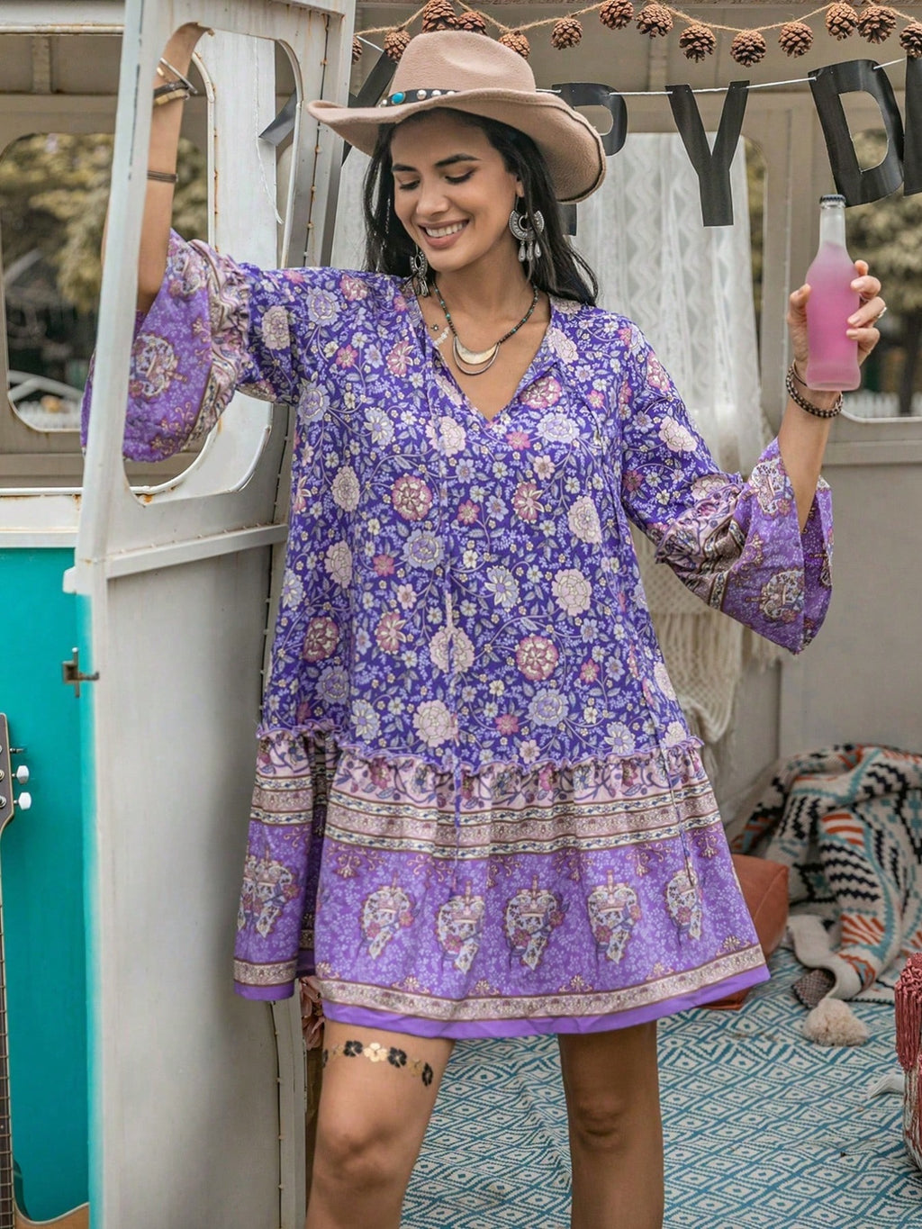 Plus Size Floral Mini Dress Lavender V-neck Ruffle 3/4 Sleeve Casual Summer