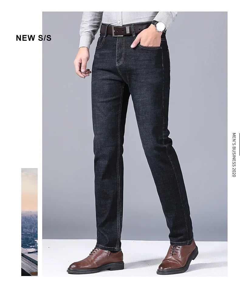Men's Soft Straight Denim Pants Classic Business Black Biker Jeans Overalls Masculino Pantalone Hombre Mannen Homme
