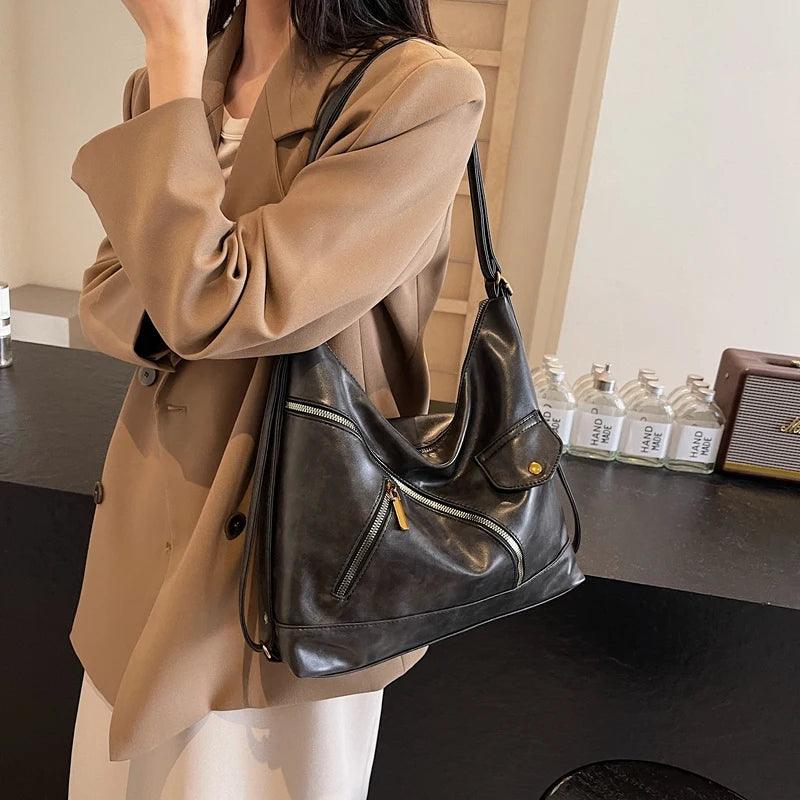 Large Leather Shoulder Bags Irregular Zip Outer Pockets Women Soft Handbags