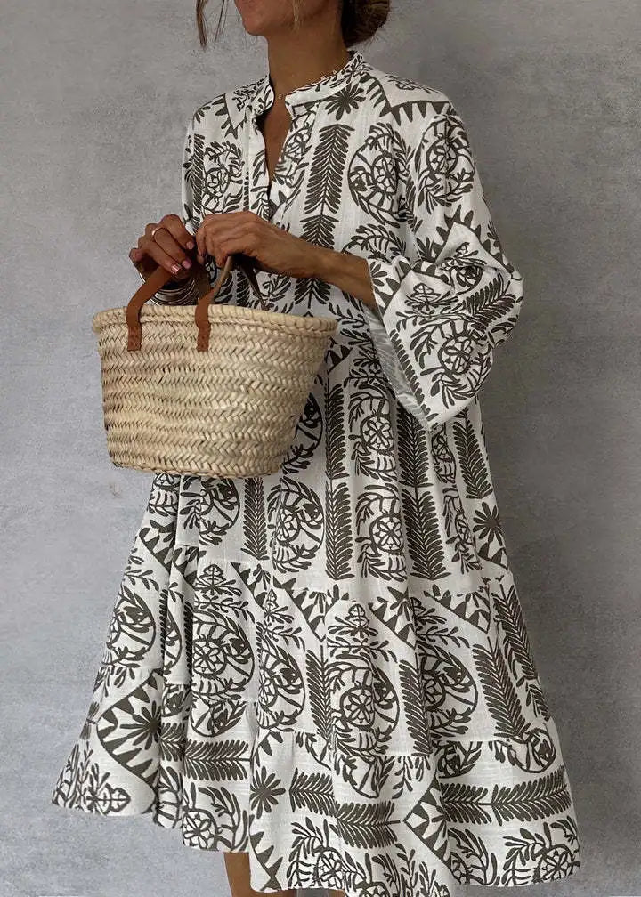 Bohemian Print Midi Dress – V-Neck 3/4 Sleeve Beach Dress