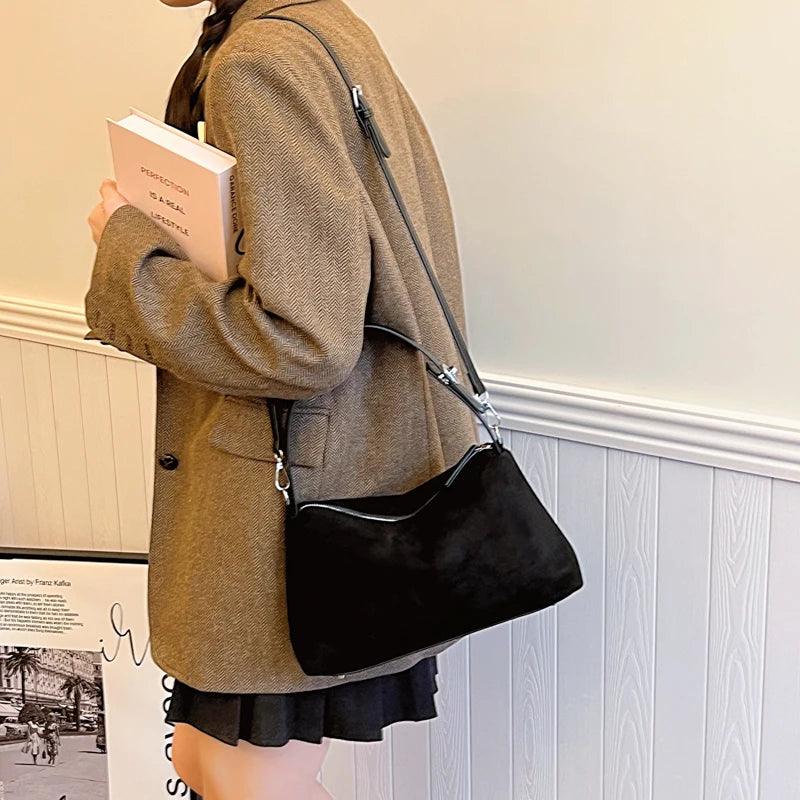 Nubuck Leather Shoulder Bags Women Soft Zipper Medium Adjustable Strap Purses