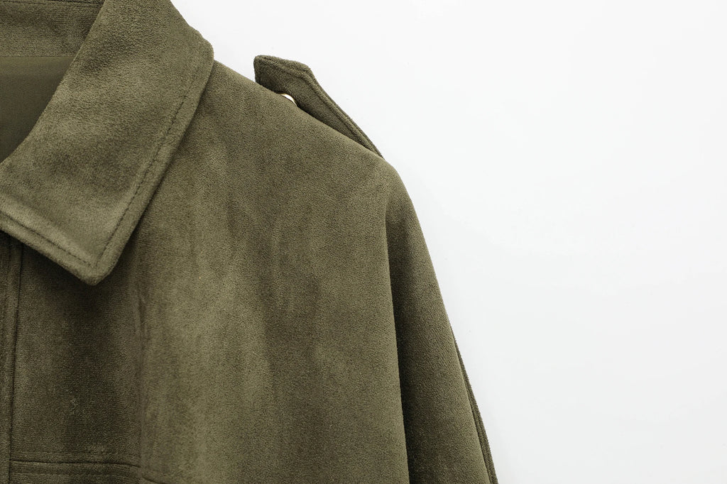 Women's Jacket Vintage Green Ruched Full-Zip Button-Up Collar Asymmetric-Hem Streetwear Coat