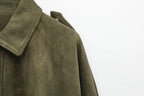 Women's Jacket Vintage Green Ruched Full-Zip Button-Up Collar Asymmetric-Hem Streetwear Coat