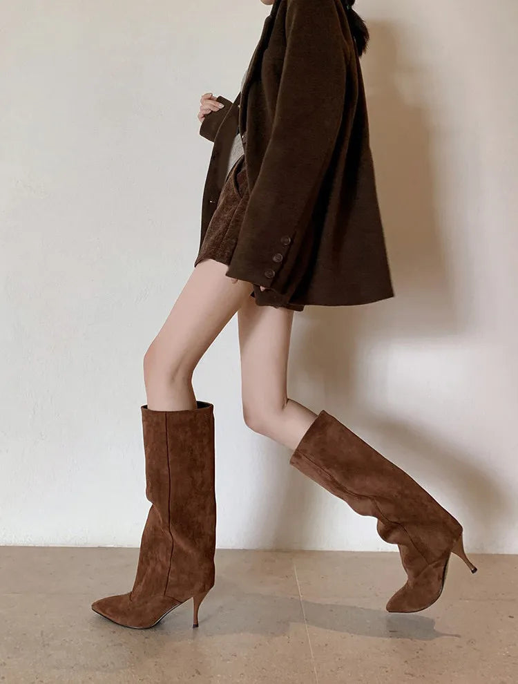 Women's Faux Suede Knee-High Boots with Pointed Toe