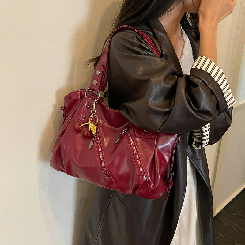 Women's Faux Leather Tote Shoulder Bag with Charm