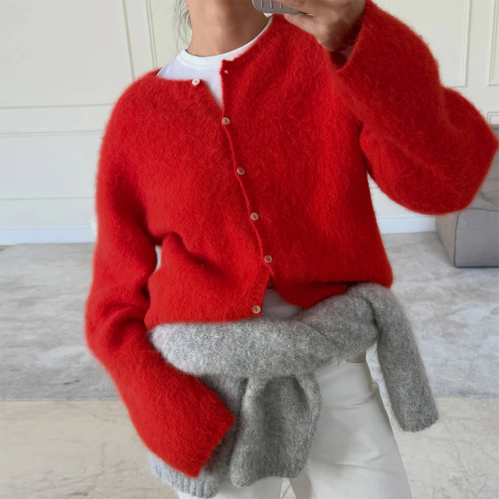 Cardigan Women's Spring and Autumn Loose Round Neck Knitted Jacket Soft Long Sleeved Sweater