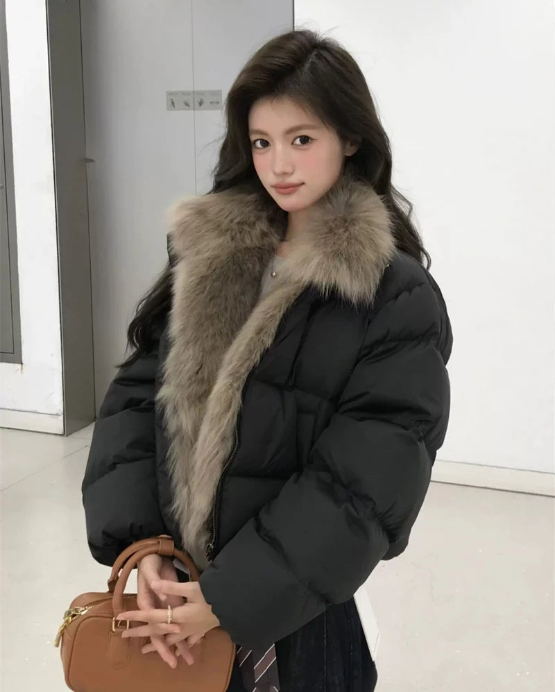 Women's Cropped Puffer Jacket with Faux Fur Collar