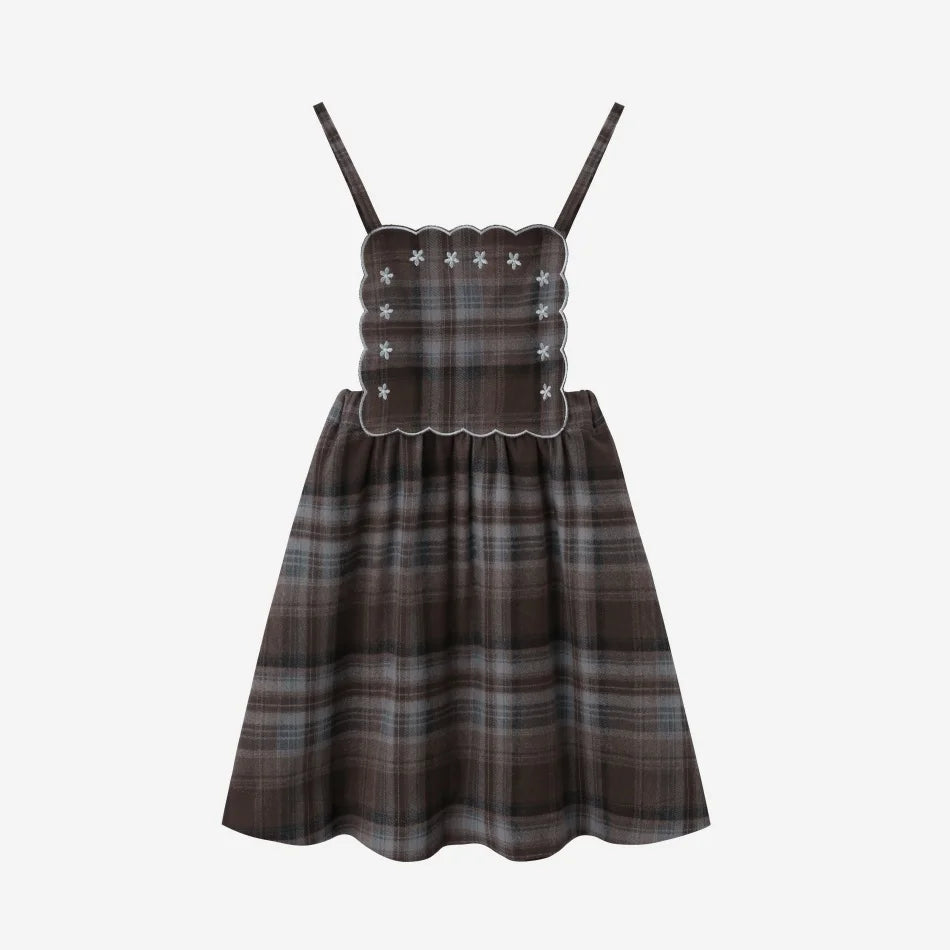 Vestido Familiar Combinado em Xadrez Castanho & Roupas de Irmãos com Bordado