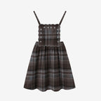 Vestido Familiar Combinado em Xadrez Castanho & Roupas de Irmãos com Bordado