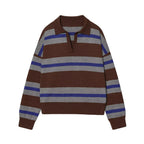 Women's Striped Polo Sweater Casual Long Sleeve Loose Pullover