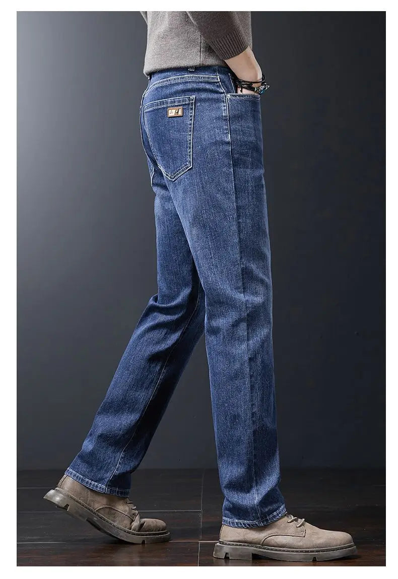 Men's Soft Stretch Straight Jeans Business Casual Slim Fit Wash Denim Pants Korean Fashion Blue Gray Male Brand Trousers