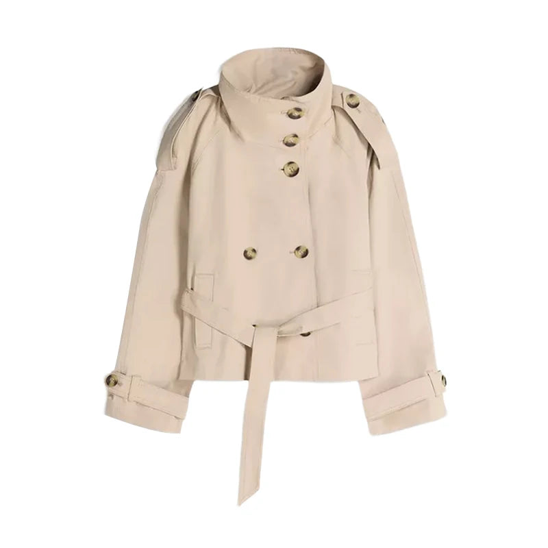 Women's Jacket Solid Lace-Up Double-Breasted Turn-Down Collar Full-Sleeve High-Waist Short Streetwear Coat