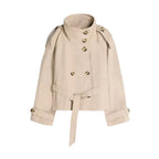 Women's Jacket Solid Lace-Up Double-Breasted Turn-Down Collar Full-Sleeve High-Waist Short Streetwear Coat