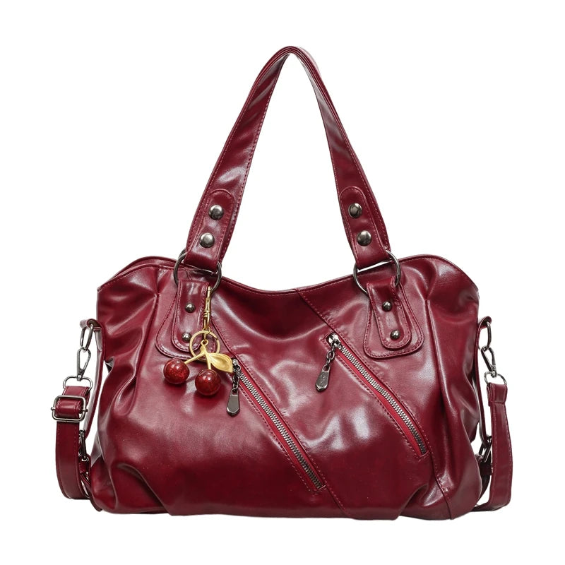 Women's Faux Leather Tote Shoulder Bag with Charm