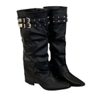 Women's Black Studded Buckle Knee-High Boots