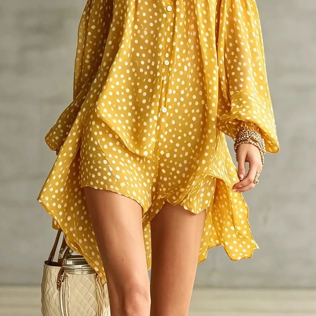 Women Polka Dot Chiffon Mini Dress Party Cocktail Short Dress Halter Cold Shoulder Long Sleeve Loose Fit