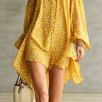 Women Polka Dot Chiffon Mini Dress Party Cocktail Short Dress Halter Cold Shoulder Long Sleeve Loose Fit
