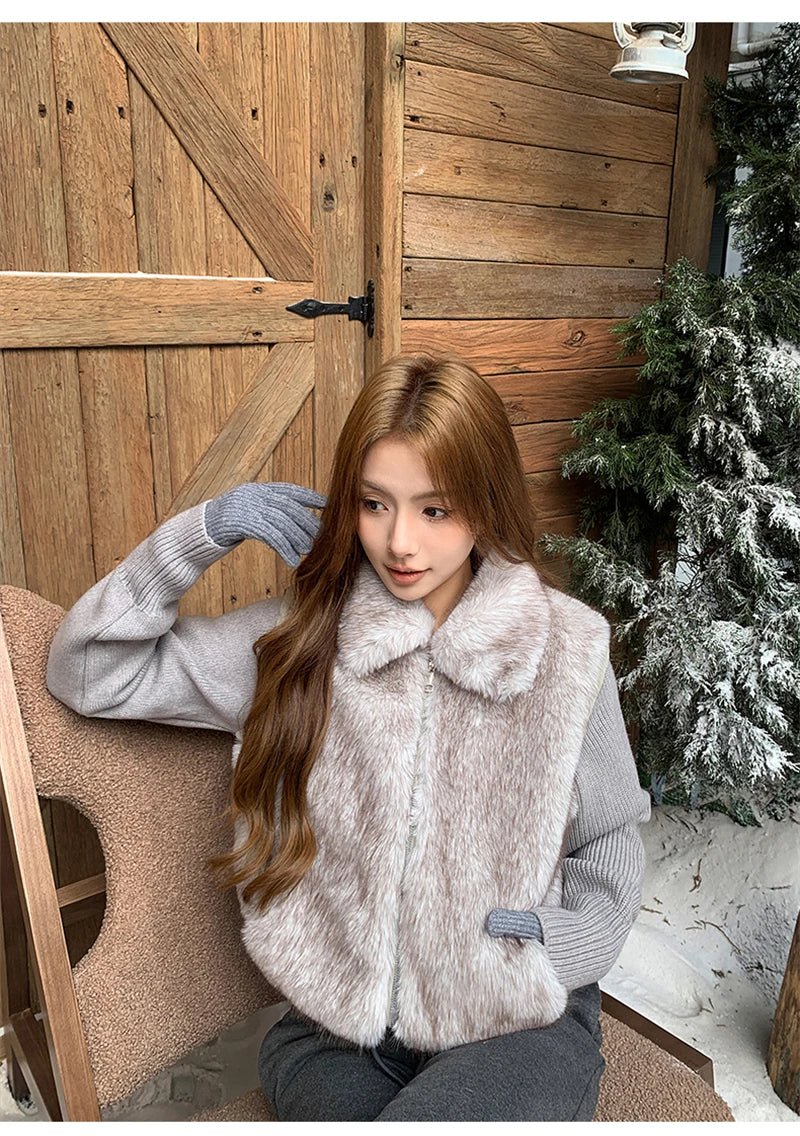Women's Cropped Faux Fur Jacket with Ribbed Knit Sleeves