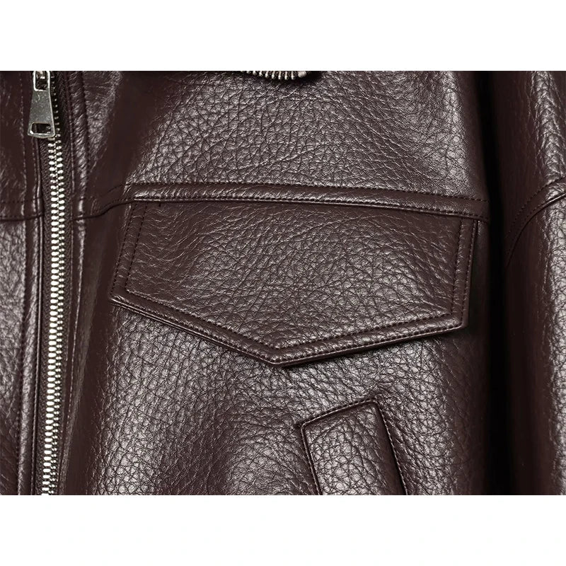 Women's Jacket Solid Faux Leather Drawstring Pleated Full-Zip Turn-Down Collar Loose Thick Streetwear Coat
