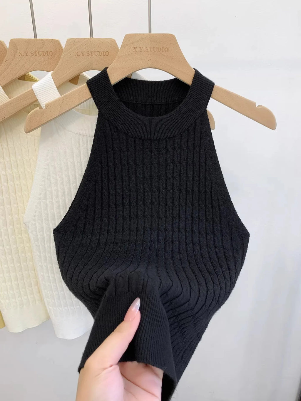 Women's Knitted Halter Camisole Slim Fit Sleeveless Base Tank Tops Solid Crop Tops