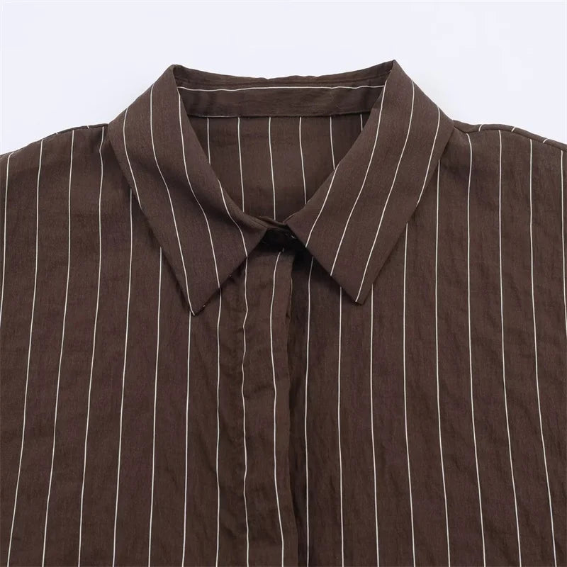 Women's Blouse Brown Striped Full-Sleeve Loose-Fit Single-Breasted Turn-Down Collar Shirt