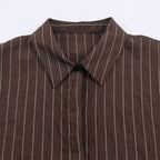 Women's Blouse Brown Striped Full-Sleeve Loose-Fit Single-Breasted Turn-Down Collar Shirt