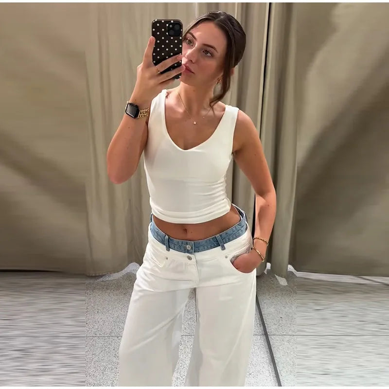 Women's Denim Patchwork Wide-Leg Ankle Jeans Drawstring Low Waist Loose Fit Casual Trendy Bottoms