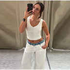 Women's Denim Patchwork Wide-Leg Ankle Jeans Drawstring Low Waist Loose Fit Casual Trendy Bottoms