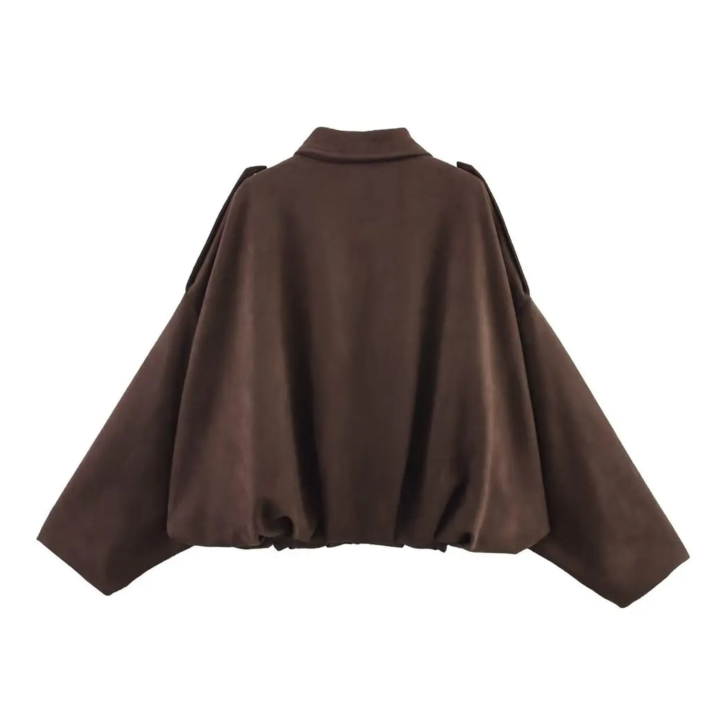 Women's Suede Textured Bomber Jacket Long Sleeve Lapel Collar Loose Coats Casual Outerwear