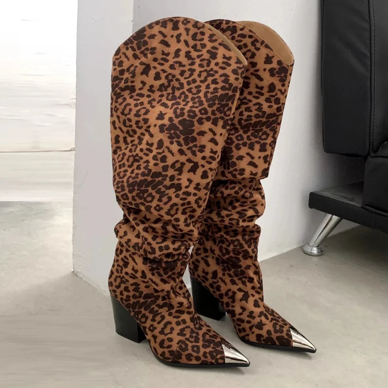 Women's Metal-Toe Western Boots in Leopard Print & Brown