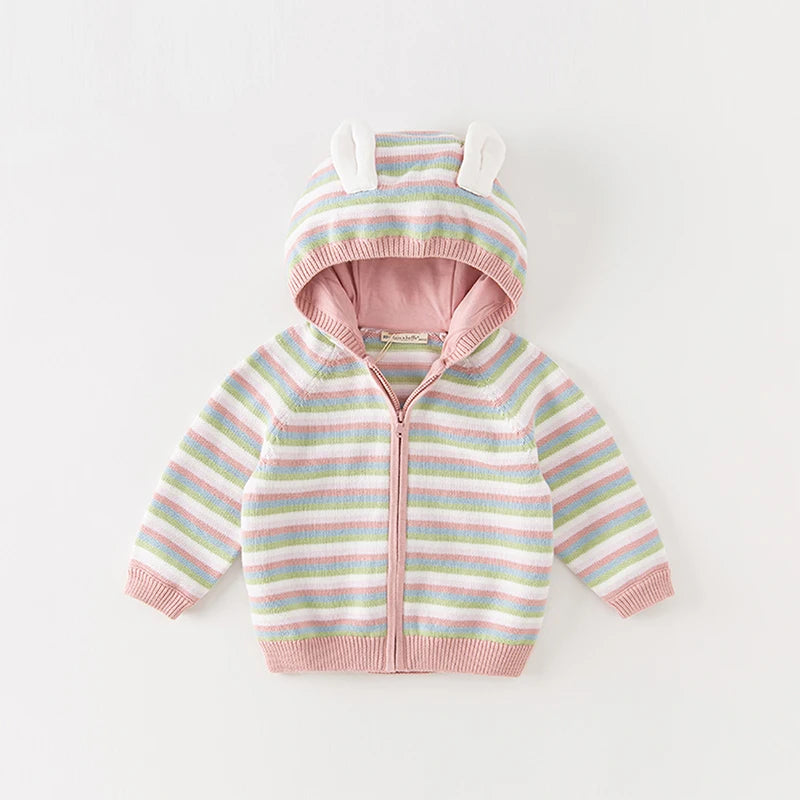 Dave & Bella Girls' Striped Hooded Knit Jacket – Cotton Zip-Up Cardigan for Kids