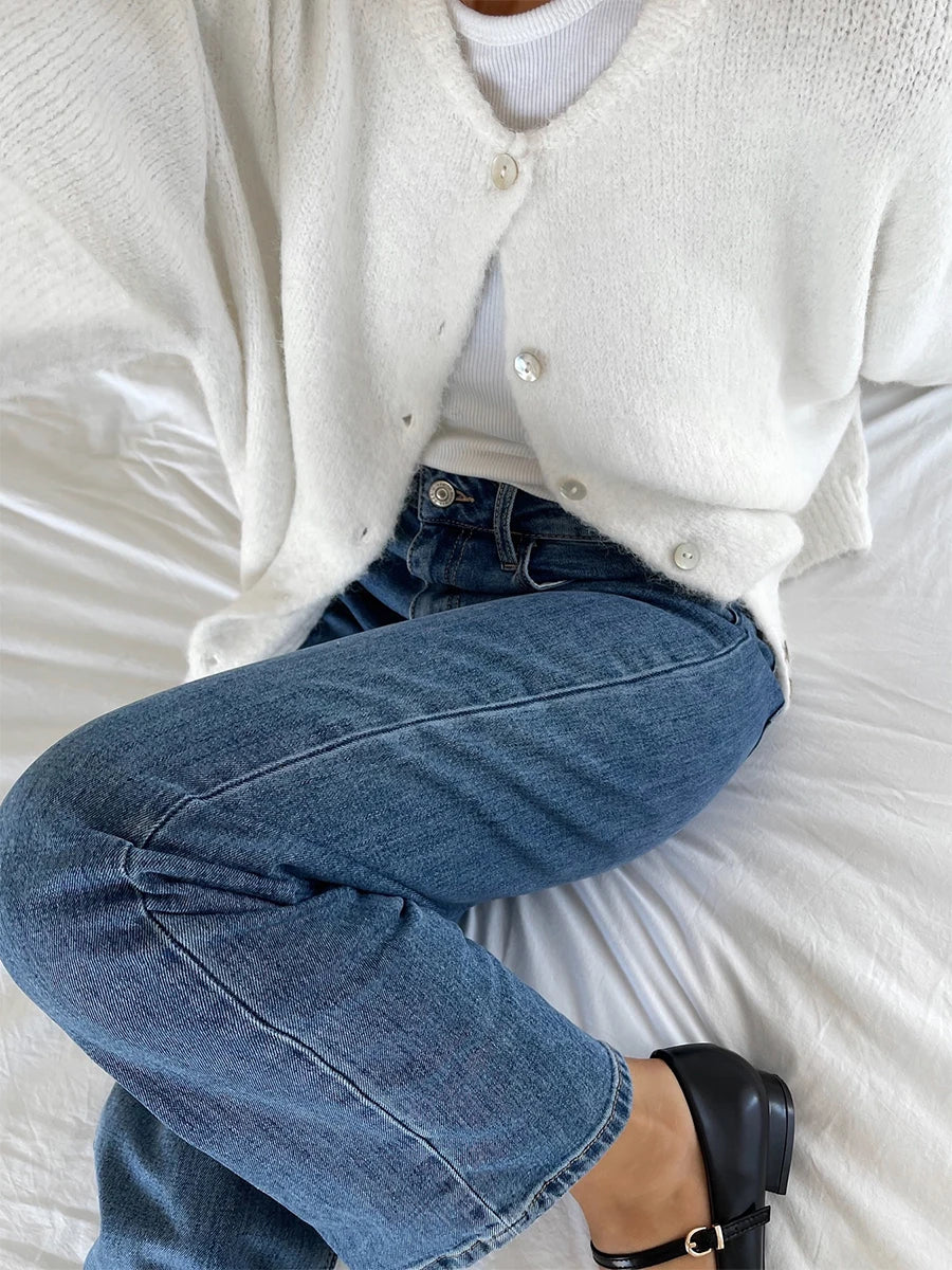 Women's Cardigan Slim-Fit Single-Breasted O-Neck Button Wool-Cotton-Acrylic Blend Full-Sleeve Autumn Winter Sweater