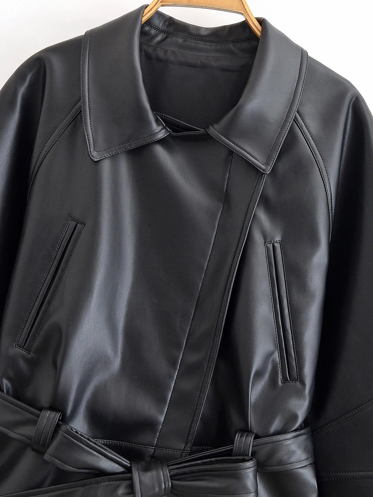 Women's Jacket Vintage Faux Leather Belted Turn-Down Lapel Full-Zip Full-Sleeve Short Motorcycle Coat