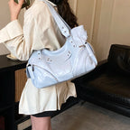 Women's PU Leather Hobo Shoulder Bag - Silver Stud Rivet Detail, Adjustable Strap
