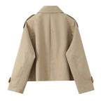Women's Coat Double-Breasted Short Trench Jacket Vintage Notched-Collar Wide-Waist Long-Sleeve Woven Coat in Khaki