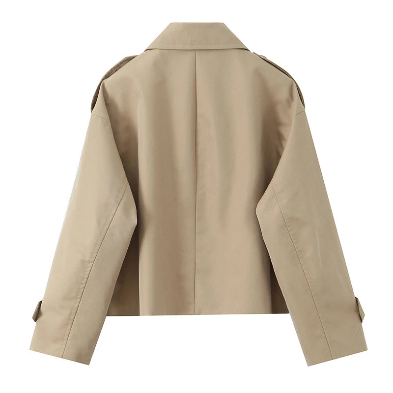 Women's Coat Double-Breasted Short Trench Jacket Vintage Notched-Collar Wide-Waist Long-Sleeve Woven Coat in Khaki