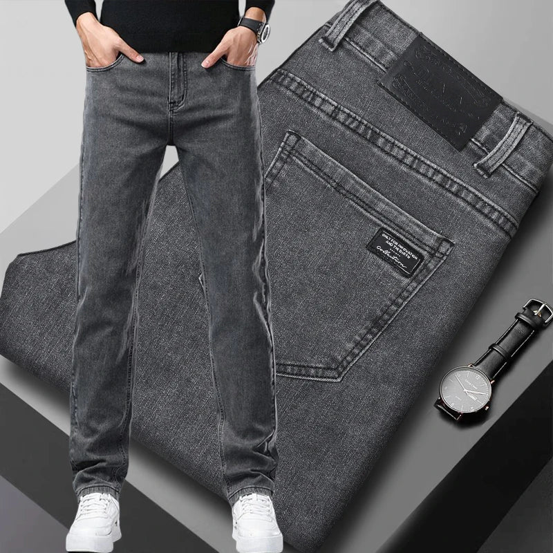 Men's Jeans Slim Straight Leg Mid-Rise Smart Casual Garment-Washed Denim Pants