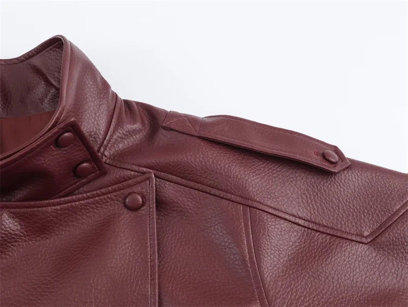 Women's Jacket Pebble Faux Leather Full-Sleeve Moto-Style Zipper Casual Coat