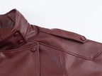 Women's Jacket Pebble Faux Leather Full-Sleeve Moto-Style Zipper Casual Coat