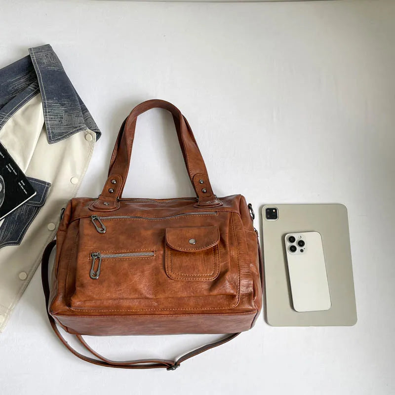 Women's Vintage PU Leather Tote Bag - Top Handle, Large Capacity, Crossbody