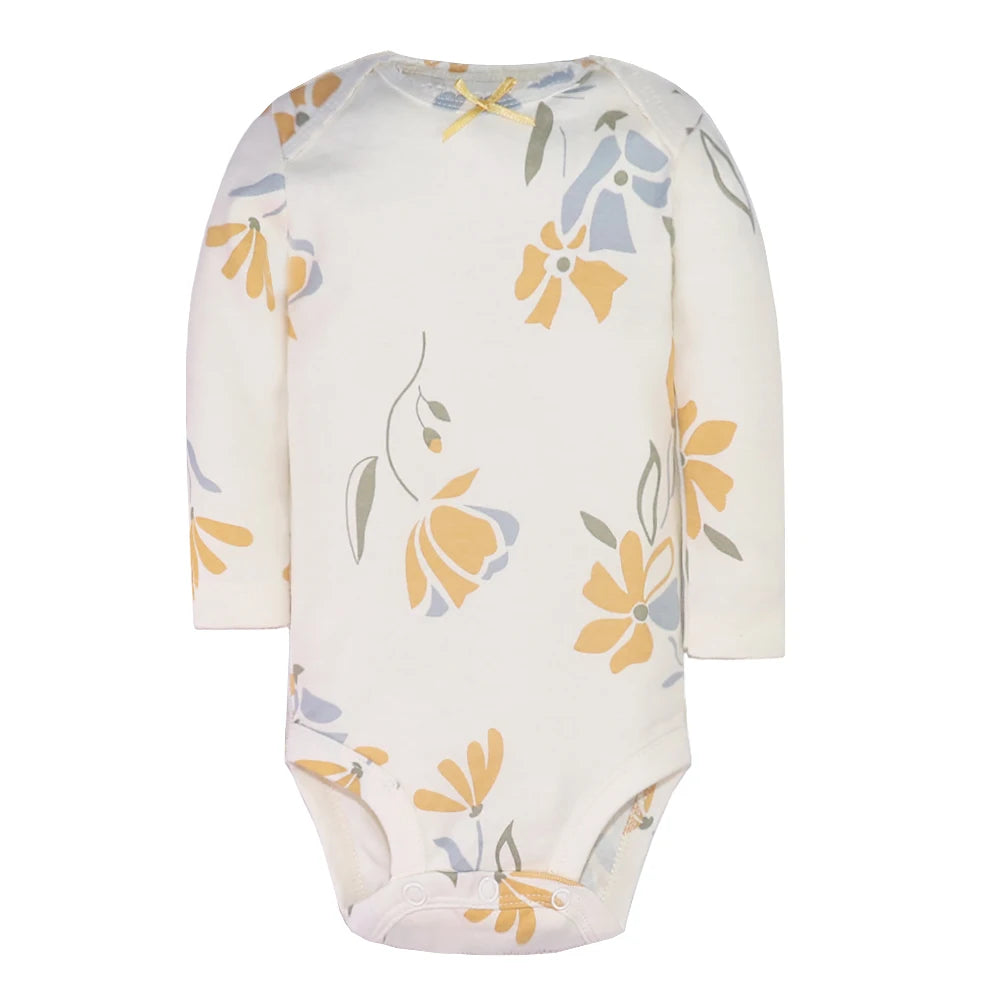White long sleeve bodysuit with stylized orange and blue grey flowers and green stems