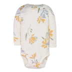 Cream long sleeve bodysuit with large blue and orange floral print and yellow neck bow