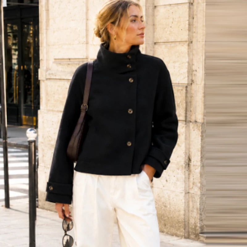 Women's Cropped High-Neck Button-Front Jacket