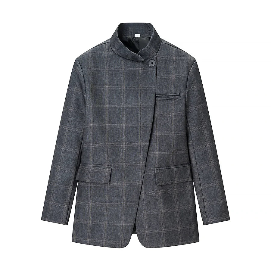 Women's Plaid Stand-Collar Single-Button Blazer Fashion High Street Outwear
