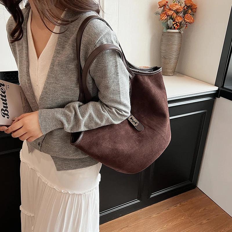 Small Nubuck Leather Shoulder Bags Women Zipper Turn Lock Matte Tote Handbags