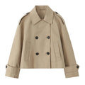 Women's Coat Double-Breasted Short Trench Jacket Vintage Notched-Collar Wide-Waist Long-Sleeve Woven Coat in Khaki