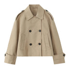 Women's Coat Double-Breasted Short Trench Jacket Vintage Notched-Collar Wide-Waist Long-Sleeve Woven Coat in Khaki