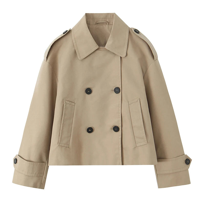 Women's Coat Double-Breasted Short Trench Jacket Vintage Notched-Collar Wide-Waist Long-Sleeve Woven Coat in Khaki