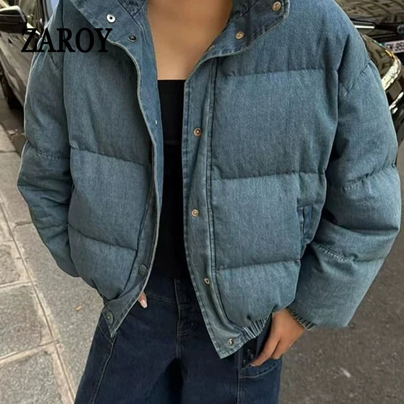 Women's Denim-Look Puffer Jacket with Stand Collar